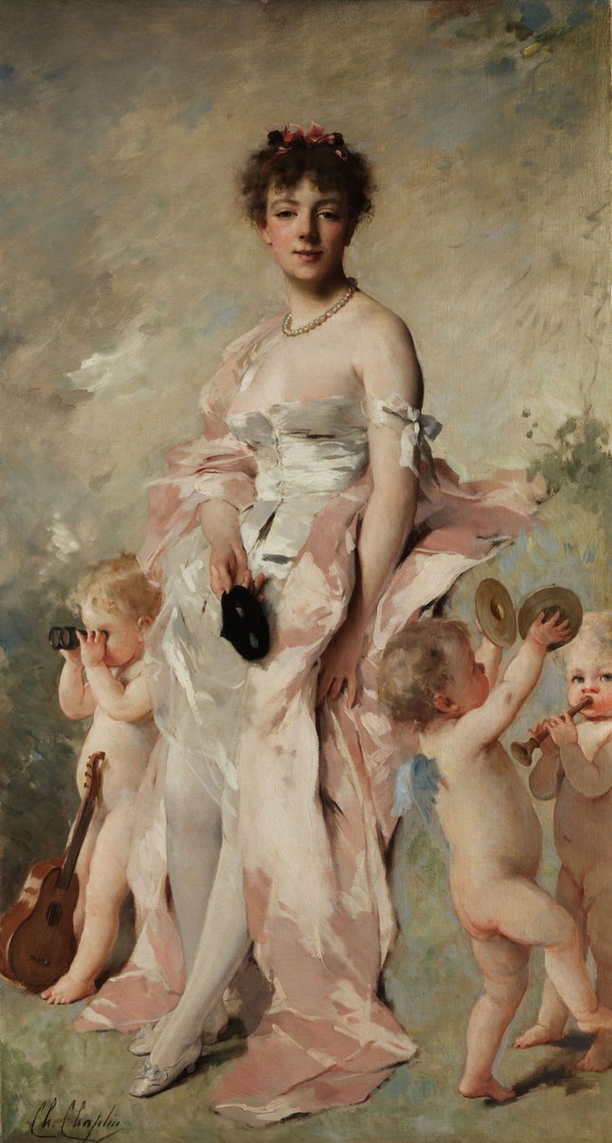 Ung kvinne i ballkjole med putti av Charles Joshua Chaplin