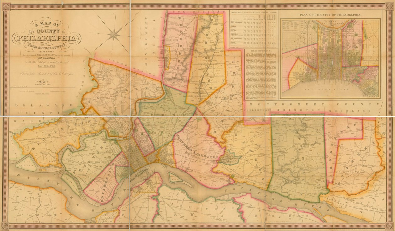 Kart over fylket Philadelphia fra Actual Survey, 1843 (håndfarget gravering) av Charles Jr. Ellet