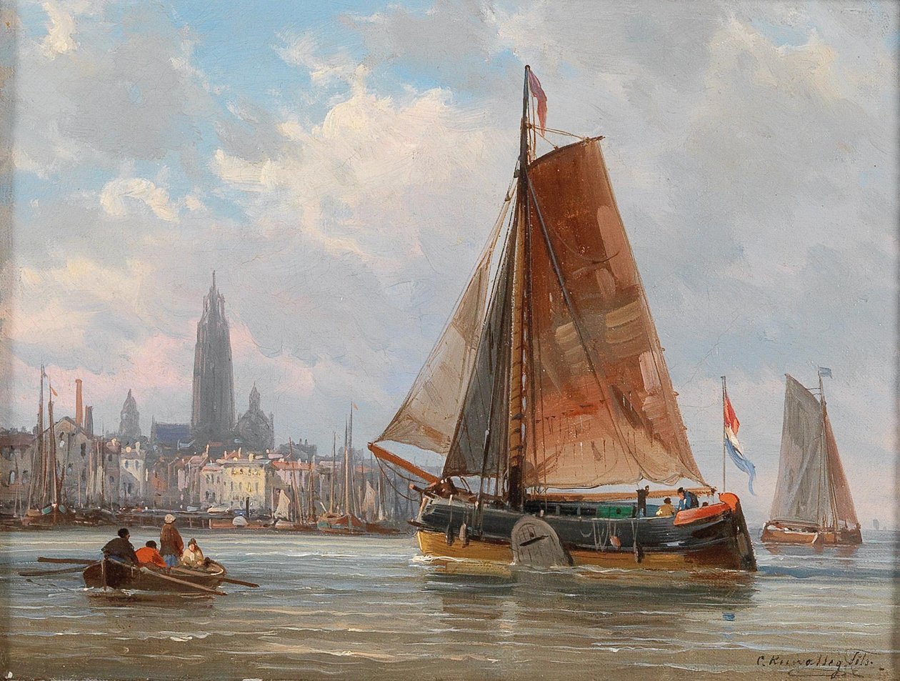 Fiskere ved en by av Charles Euphrasie Kuwasseg