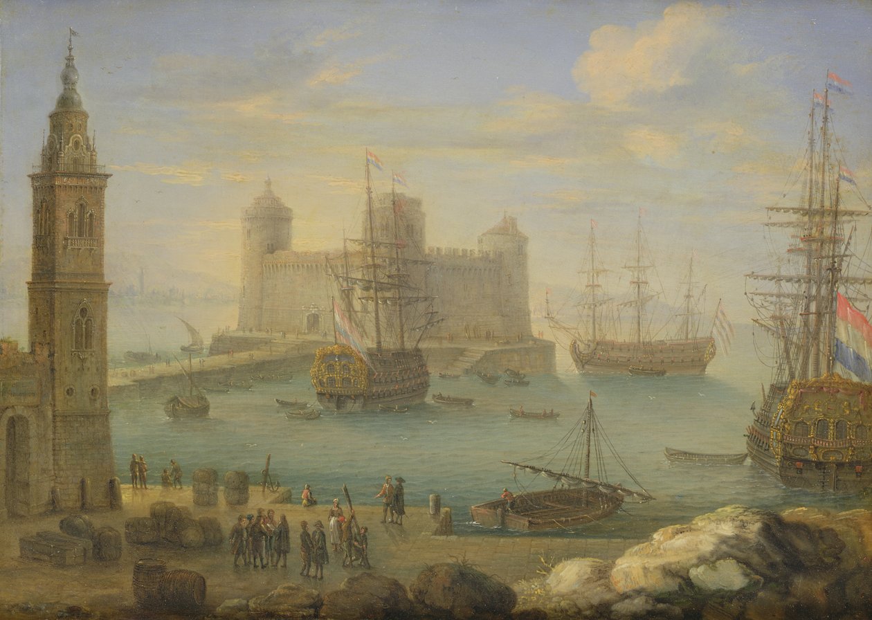 En middelhavshavn med menn o krig (olje på kobber) av Charles Laurent Grevenbroeck