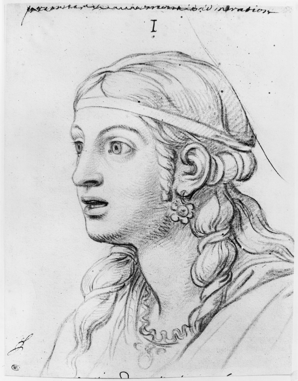Beundring med forbauselse (pierre noire på hvitt gulnet papir) av Charles Le Brun