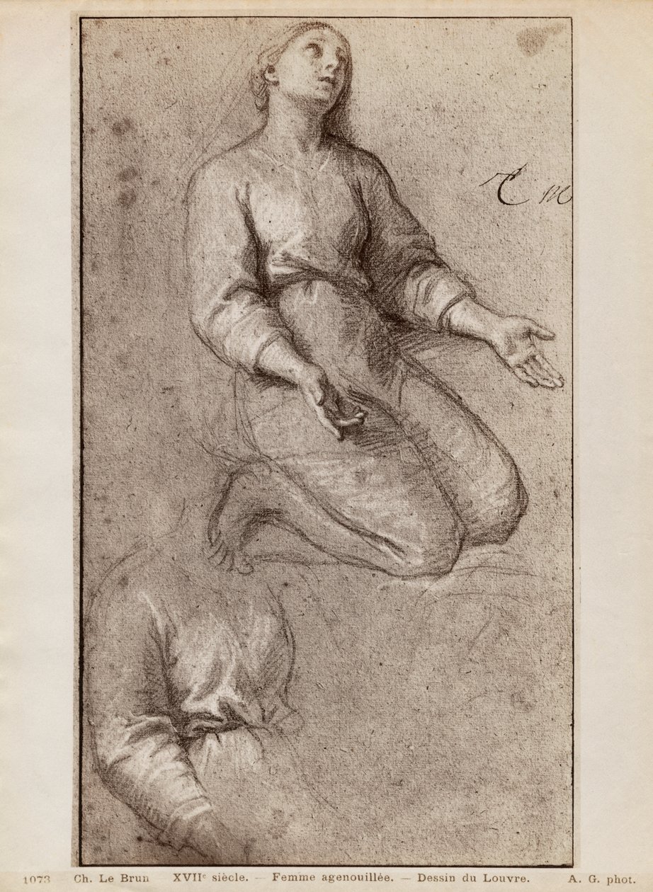 Knelende kvinne, ca. 1685 (pierre noire og hvite kritthøydepunkter på beige papir) av Charles Le Brun