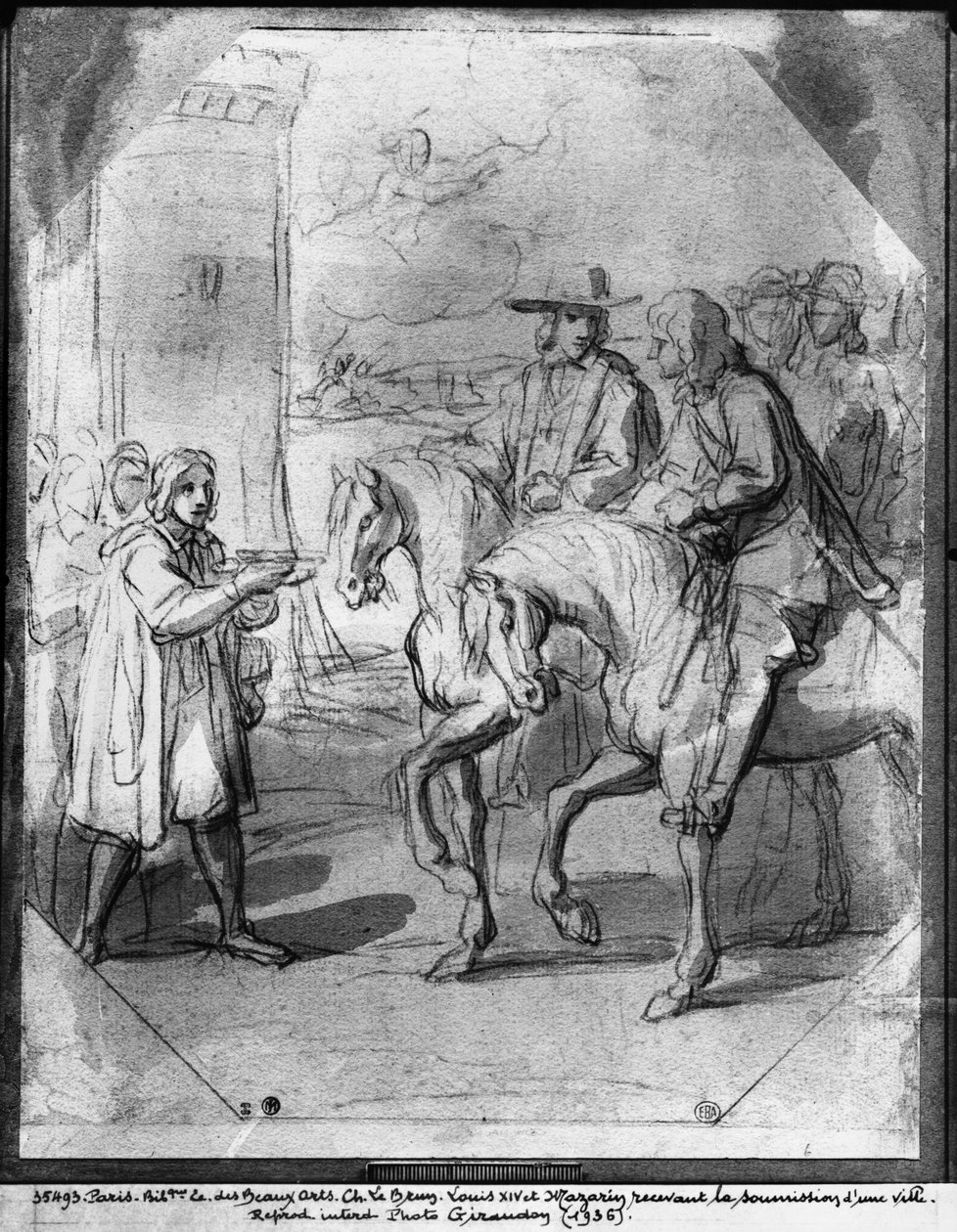 Louis XIV mottar innlevering av en by (penn og blekk og indisk blekkvaskepapir) av Charles Le Brun