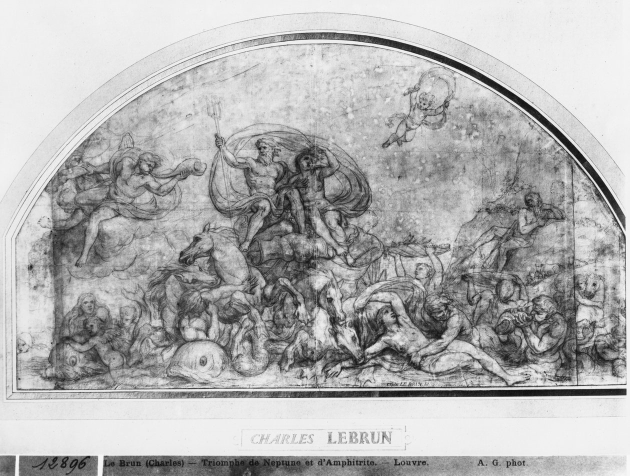 Neptun og amfitritt eller Reawakening of Waters, ca. 1663 (penn og brunt blekk og pierre noire og rødt kritt og grå vask på beige papir) av Charles Le Brun