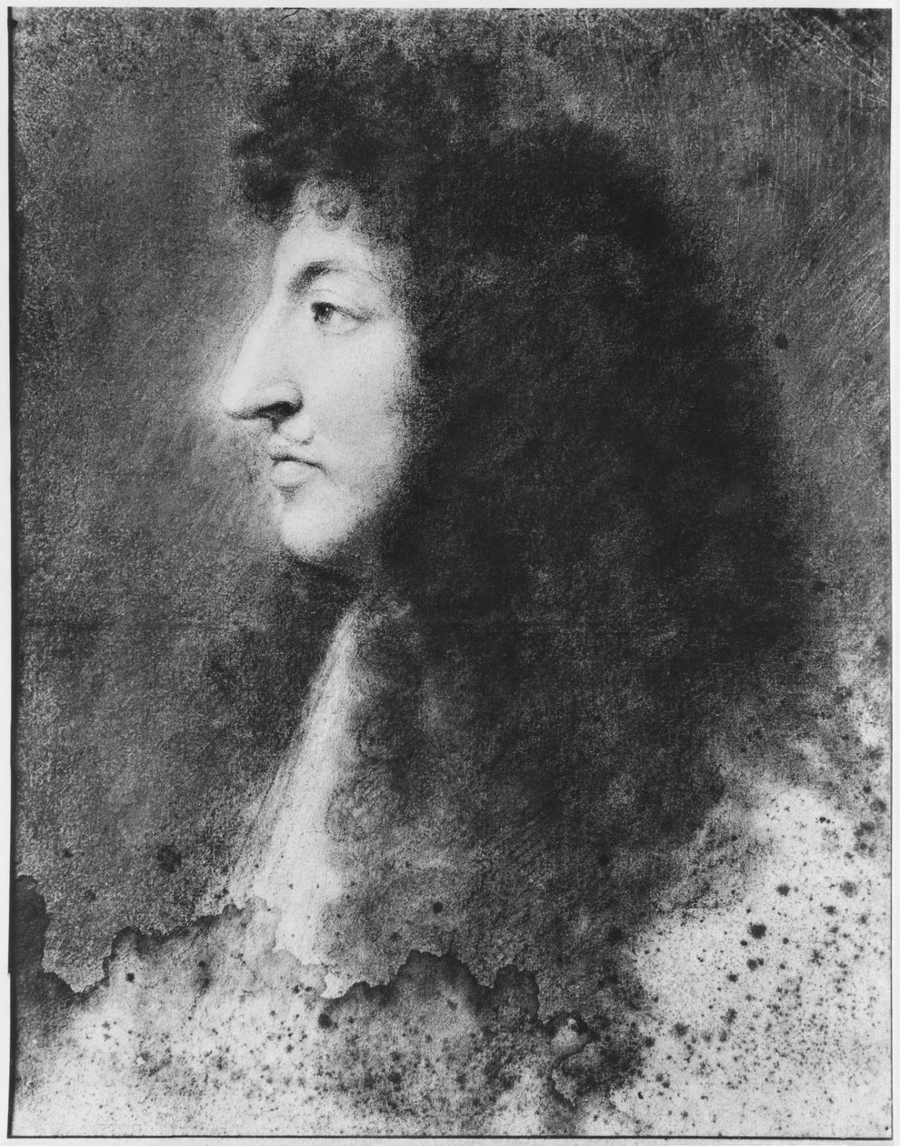 Portrett av Louis XIV, ung, i profil til venstre, ca. 1669-70 (pastell på gråbeige papir) av Charles Le Brun