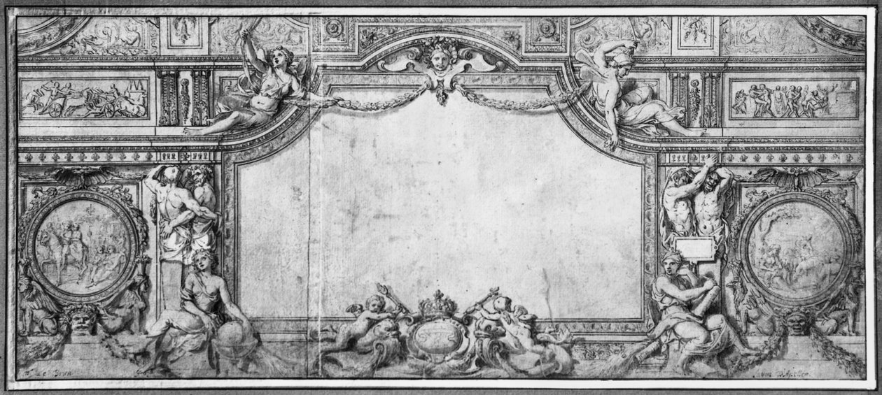 Prosjekt av dekorert tak, ca. 1663 (penn og svart blekk og grå vask på brunt papir) av Charles Le Brun
