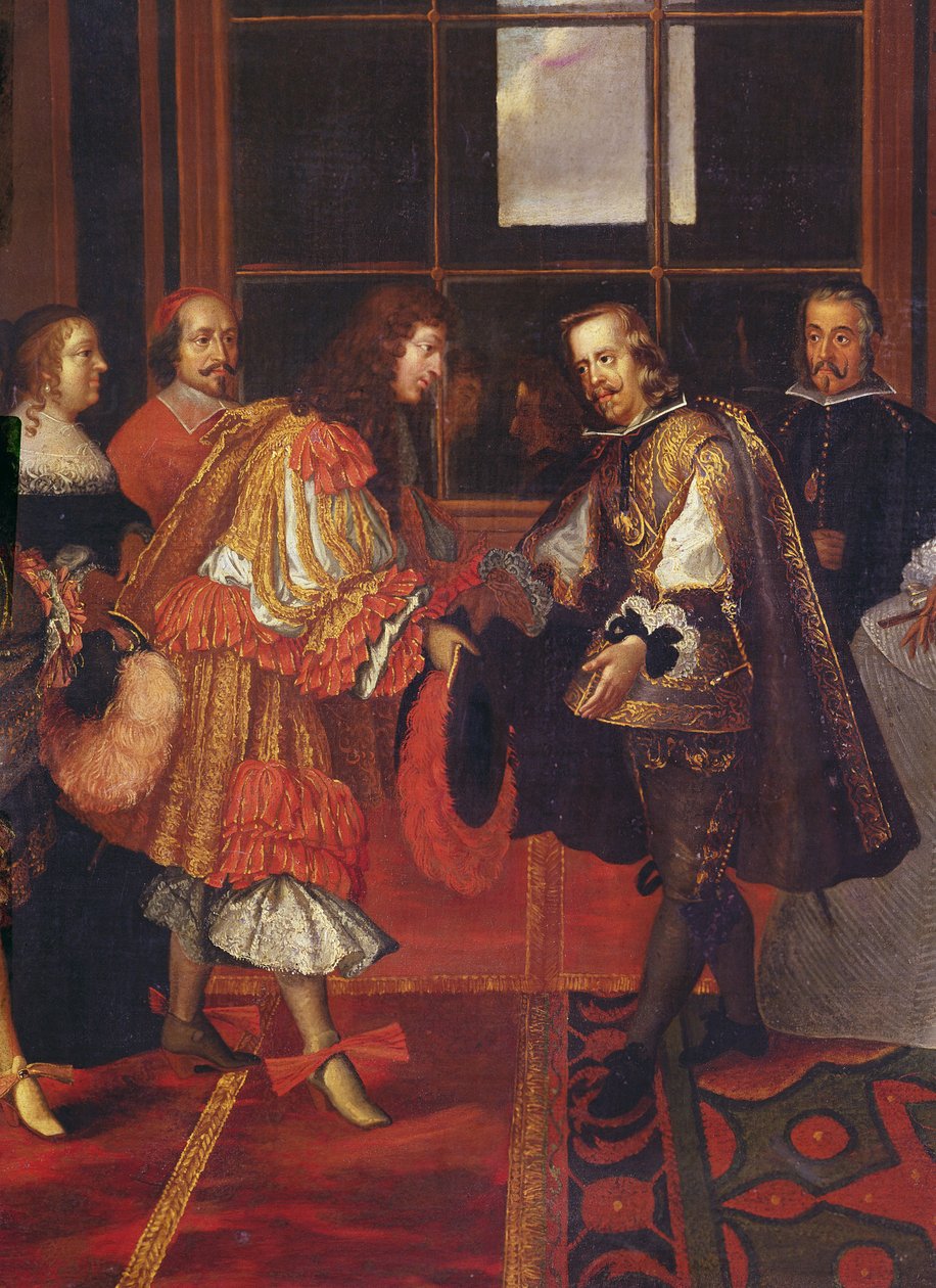 Møtet mellom Louis XIV og Philippe IV på Ile des Faisans 7. juni 1660 detalj av Louis XIV 1638-1715, konge av Frankrike og Navarra, hans onkel Philippe IV 1605-1665, konge av Spania, i bakgrunnen av Charles Le Brun