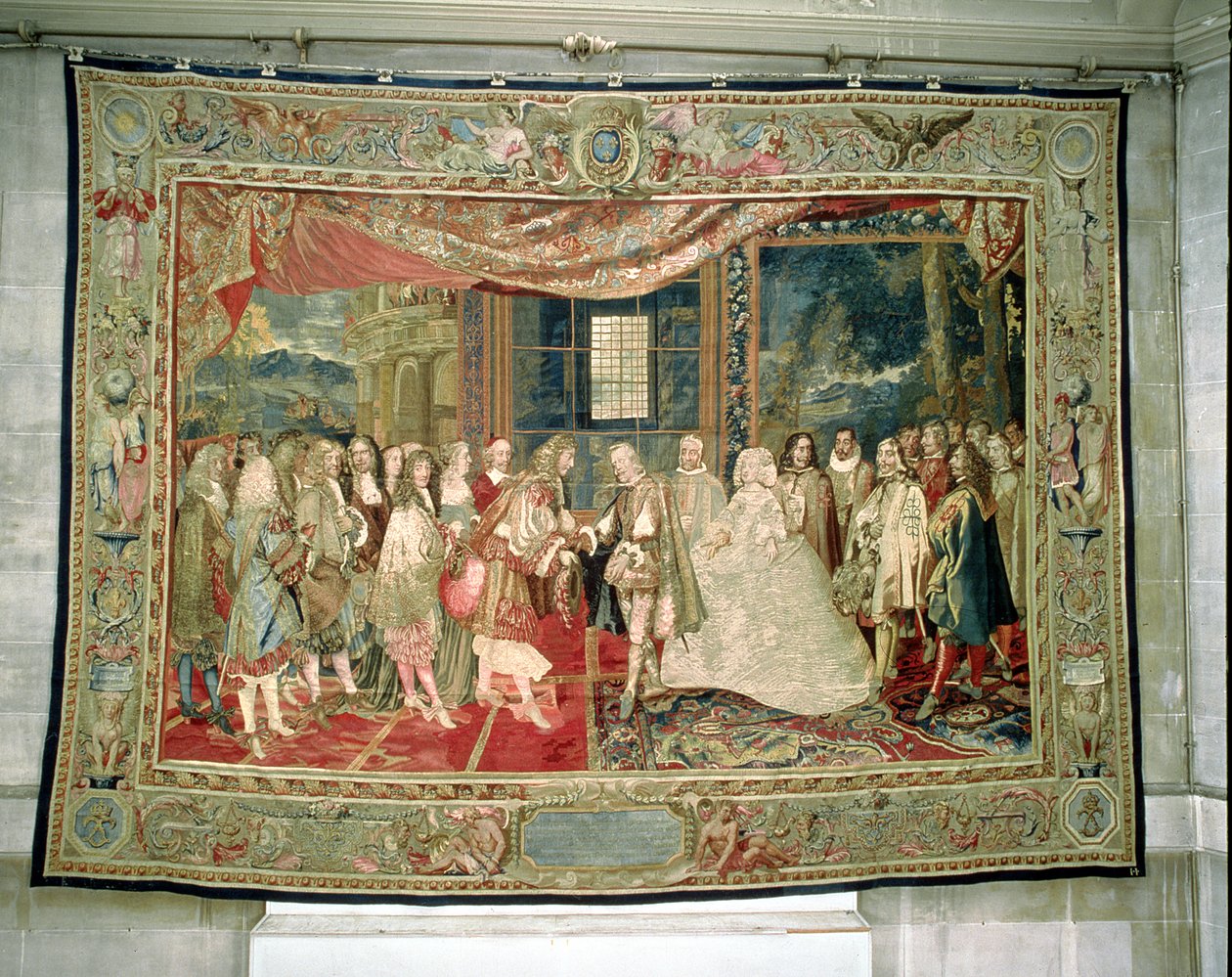 Møtet mellom Filip IV (1605-65) av Spania og Ludvig XIV (1638-1715) på Fasanenes øy (teppe) av Charles Le Brun