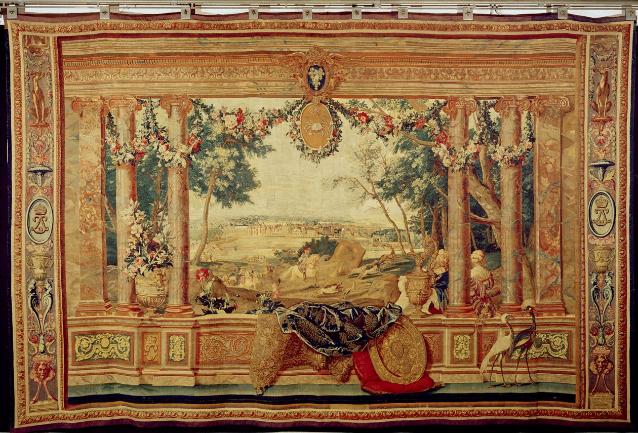 Juni måned Chateau of Fontainebleau, fra serien med billedvev 'The Months or Royal Residences', produsert i Gobelins Workshop for Louis XIV (teppe) av Charles Le Brun
