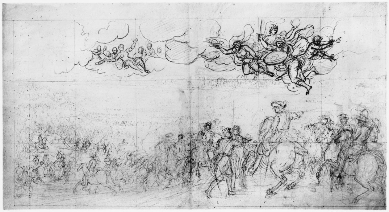 Passasjen på Rhinen (pierre noire og rødt kritt på papir) av Charles Le Brun