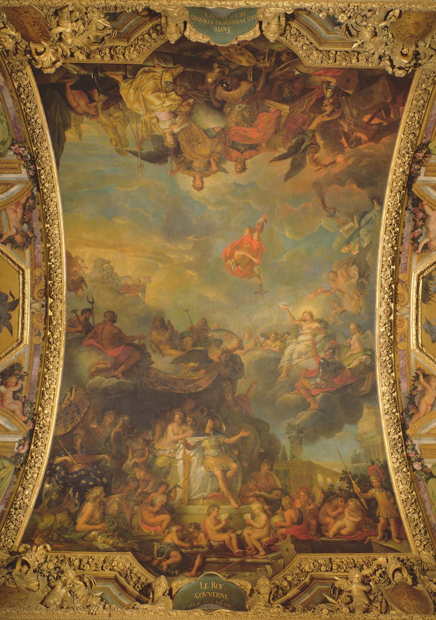 Utsikt over kong Ludvig XIV (1638-1715) som regjerte alene i 1661 og De velstående nabomaktene i Frankrike, takmaleri fra Galerie des Glaces av Charles Le Brun