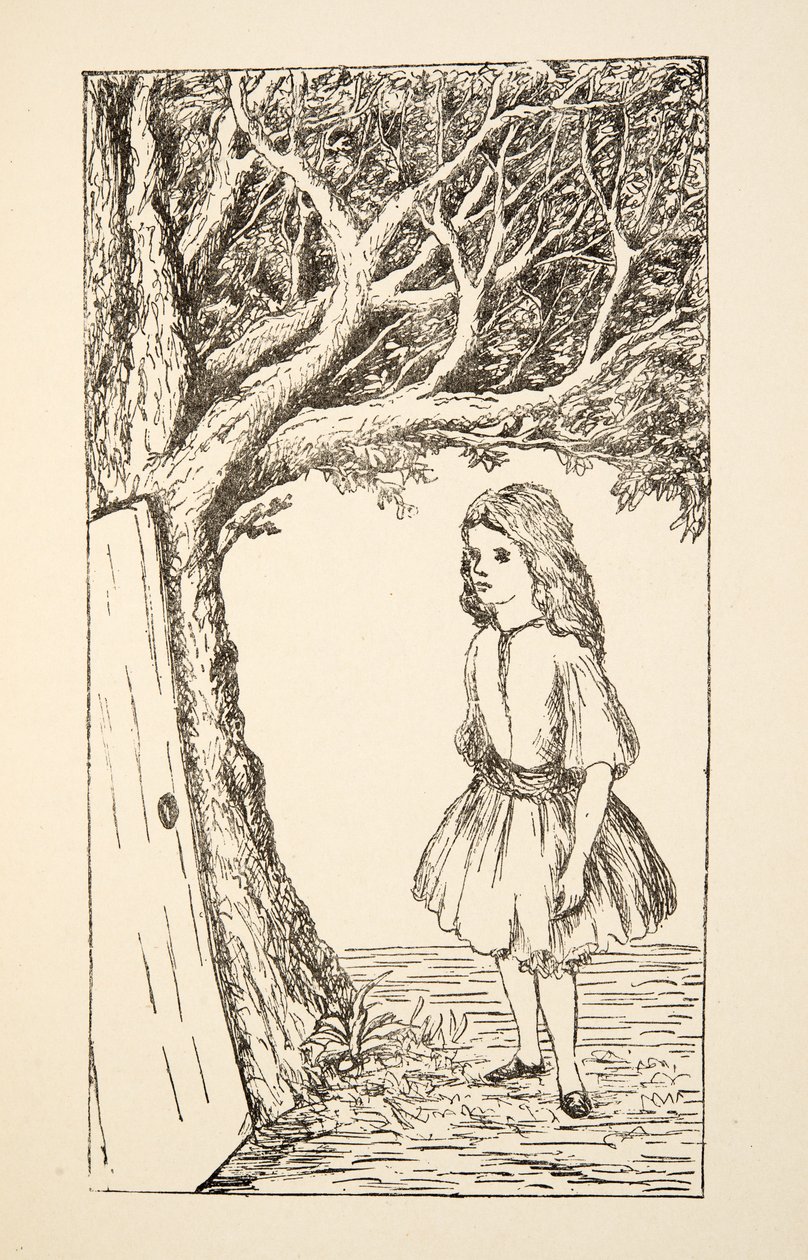 Alice finner en dør inn til treet, illustrasjon fra Alices Adventures Under Ground, pub. 1886 (faksimile) av Charles Lutwidge Dodgson