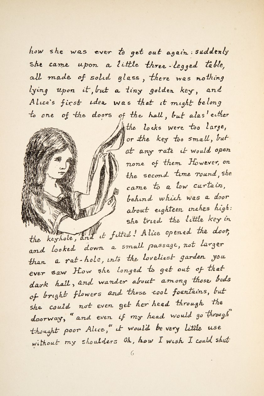 Alice finner Golden Key, illustrasjon fra Alices Adventures Under Ground, pub. 1886 (faksimile) av Charles Lutwidge Dodgson