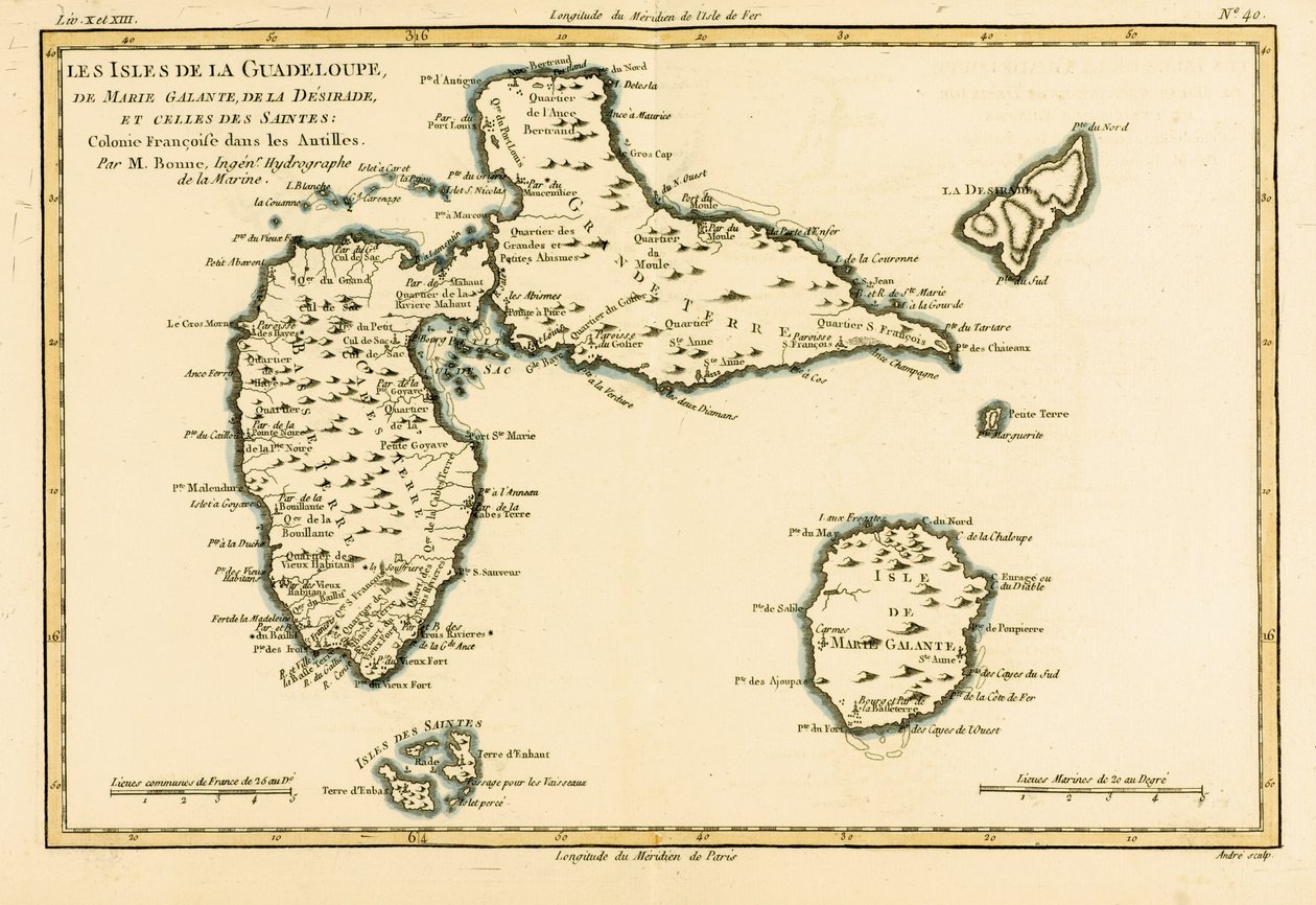 Øyene Guadeloupe, Marie-Galante, La Desirade og Isles des Saintes, franske kolonier på Antillene, fra 