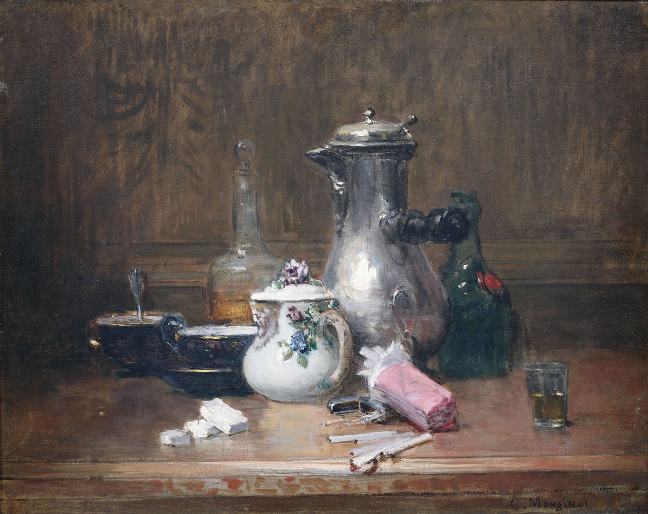 Morte du mor viv bon bon vivant. Stilleben med kaffekar, konjakkflasker og sigaretter av Charles Monginot