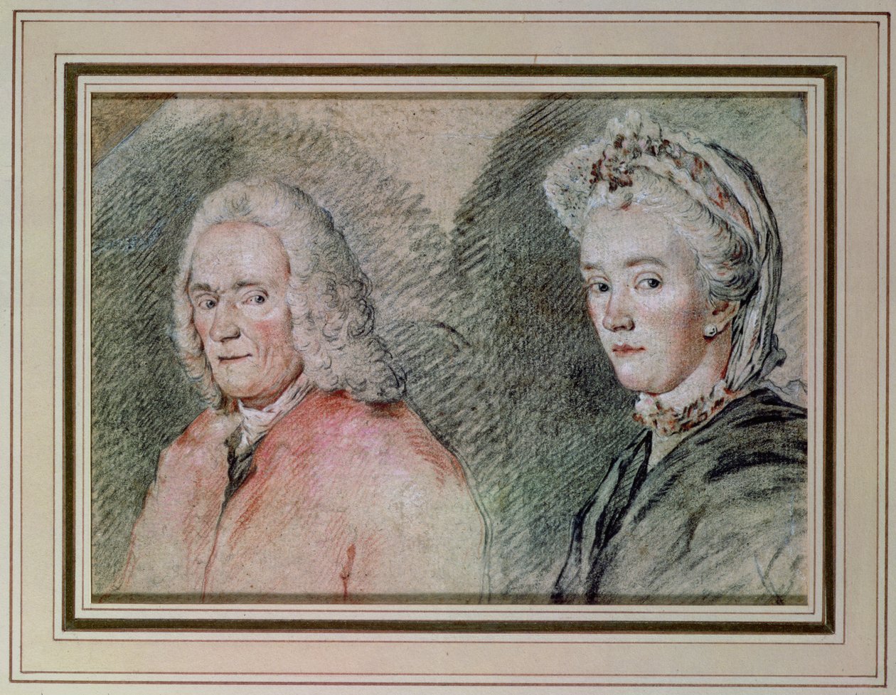 Voltaire (Francois Marie Arouet de Voltaire 1694-1778) og Madame Denis (Marie-Louise Mignot Denis 1712-90), ca. 1758-70 (blyant på papir) av Charles Nicolas II Cochin