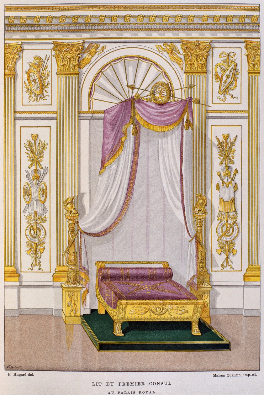 Seng til Napoleon I Bonaparte (1769-1821) Første konsul ved Palais Royal, illustrasjon fra 'Ordbok for møbler og dekorasjon' av Henry Havard, bind 3, plate 28, Paris, Maison Q av Charles Percier