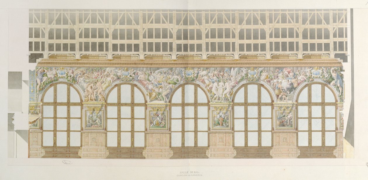 Ms 1014 Forhøyning av ballsalen på Fontainebleau, tallerken fra et album (wc og blyant på papir) av Charles Percier