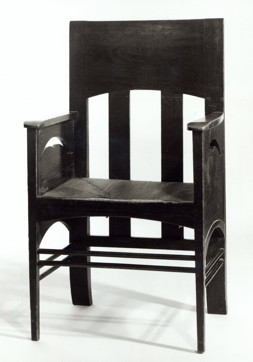 Lenestol, ca. 1897 (mørkbeiset eik med rushsete og gjennomhullede sidepaneler) av Charles Rennie Mackintosh