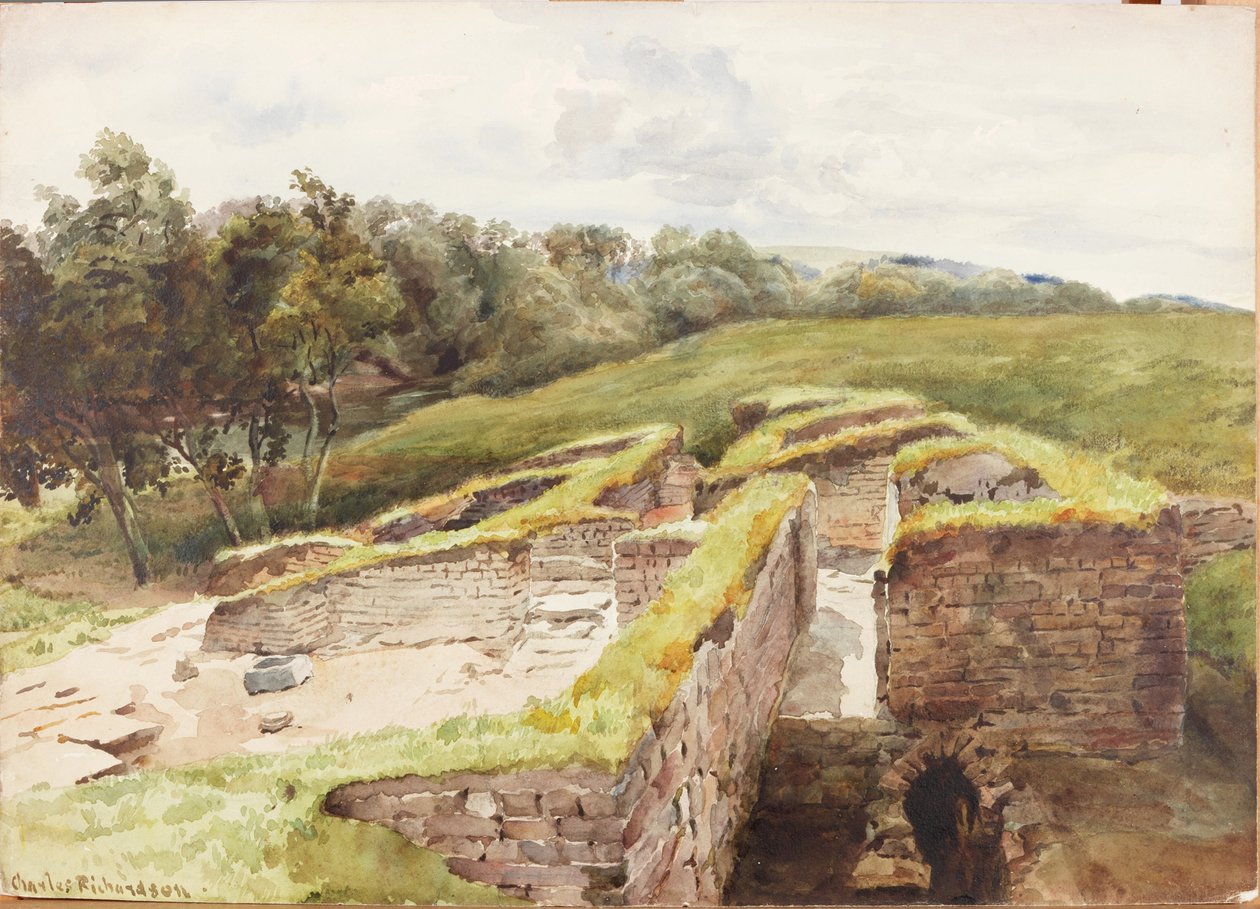 Chesters, badehus fra nord (kroppsfarge, blyant og wc på papir) av Charles Richardson