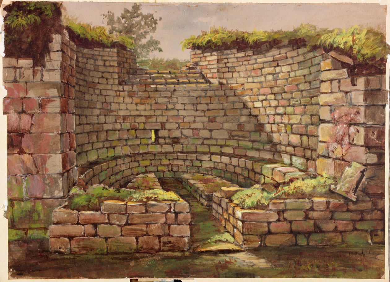 En av bygningene i utgravningene nær elven, Cilurnum (kroppsfarge, blyant og wc på papir) av Charles Richardson