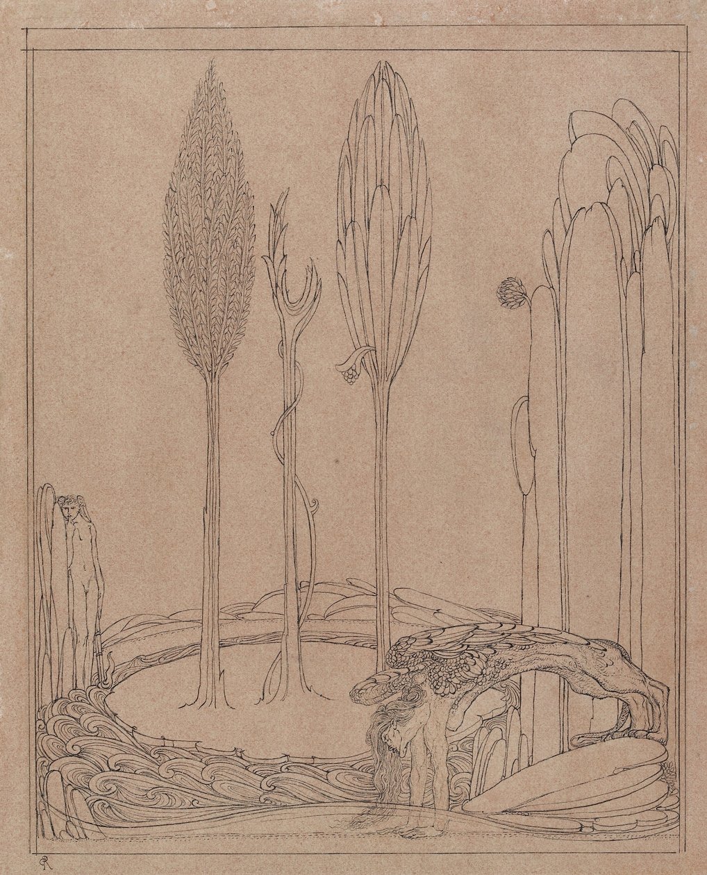 Crouching by the Marge (penn og svart blekk på rosa papir) av Charles Ricketts