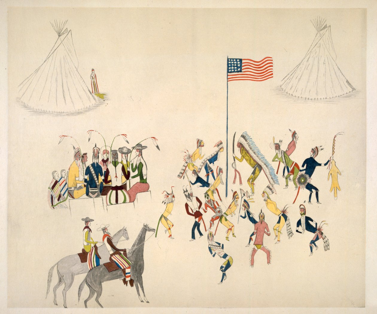 Shoshone-dans kun deltatt i av menn (pigment på muslin) av Charles Washakie