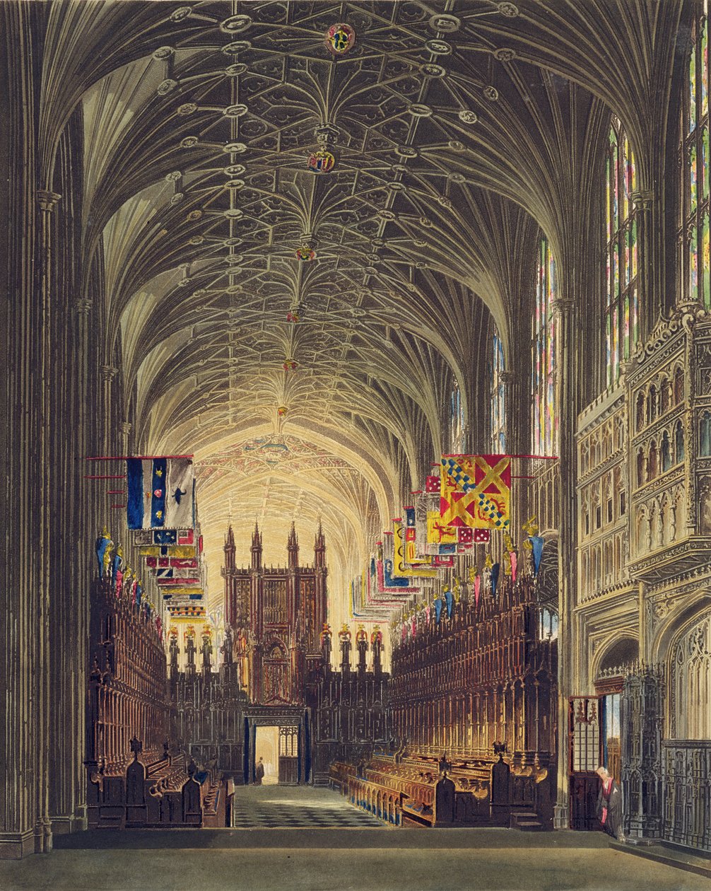 Interiør av St. George's Chapel, Windsor Castle, fra 'Royal Residences', gravert av Thomas Sutherland (f.1785), pub. av William Henry Pyne (1769-1843), 1819 (akvatint) av Charles Wild
