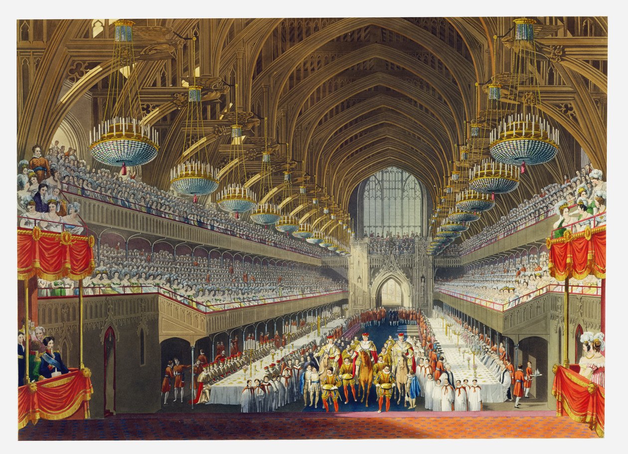 The Royal Banquet, First Course, fra et album som feirer kroningen av kong George IV (1762-1830) 19. juli 1821, gravert av William James Bennett (1787-1844) utgitt 1824 av Charles Wild