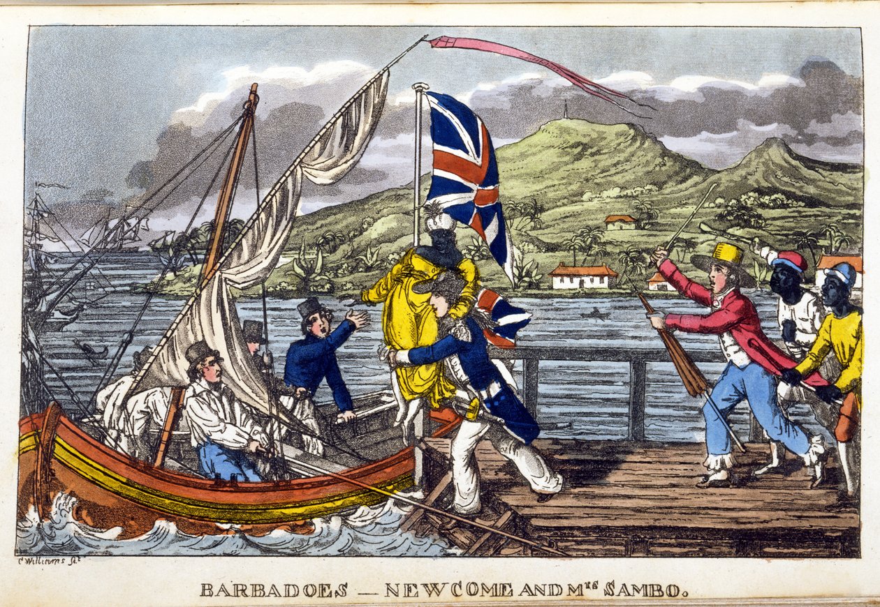 Barbados: Newcome and Mrs Sambo, tallerken fra 'The Adventures of Johnny Newcome in the Navy' av John Mitford, 1818 (håndfarget akvatint) av Charles Williams