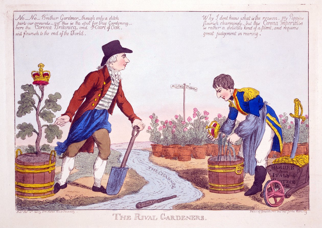 The Rival Gardeners, pub. 1803 (håndfarget gravering) av Charles Williams
