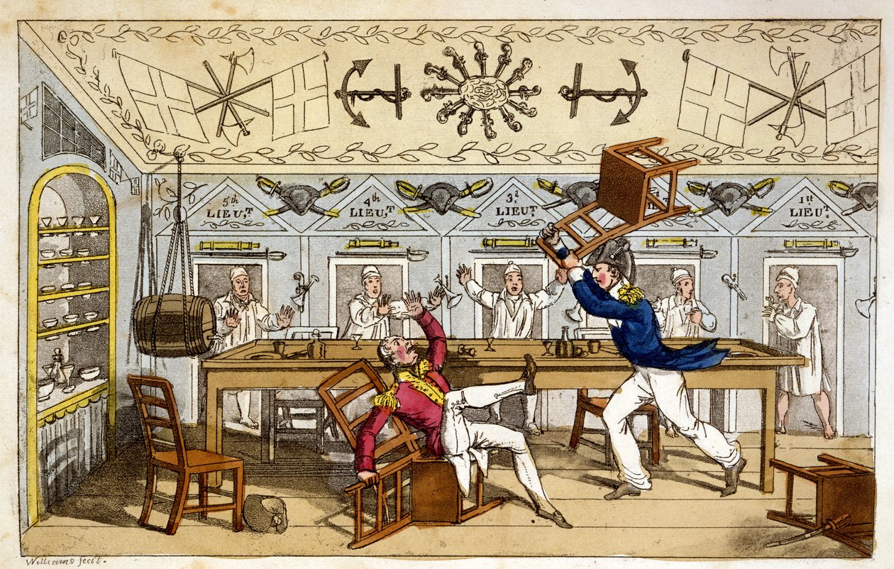 The Ward Room: Newcome og Capt. Clackett, fra "The Adventures of Johnny Newcome in the Navy" av John Mitford, 1818 (håndfarget akvatint) av Charles Williams