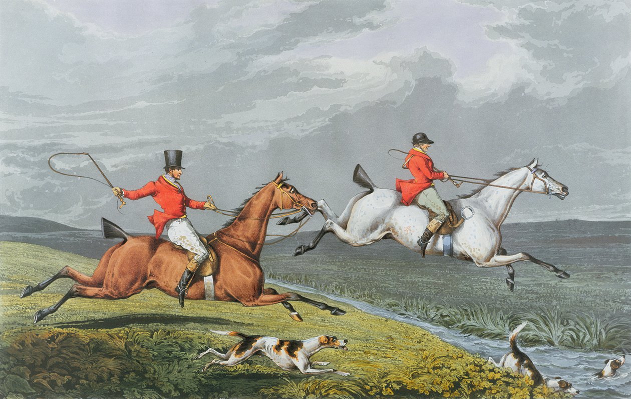 Fox Hunting: Full Cry, 1828 (håndfarget akvatint) av Charles Bentley