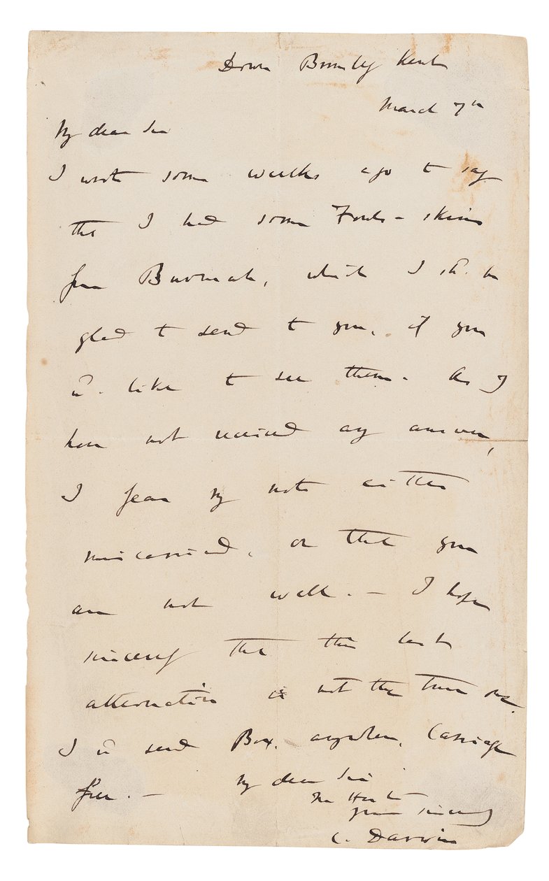Autografbrev signert av Charles Darwin