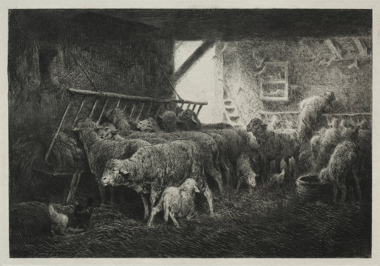 Interiør i saueinnhegning. av Charles Emile Jacque