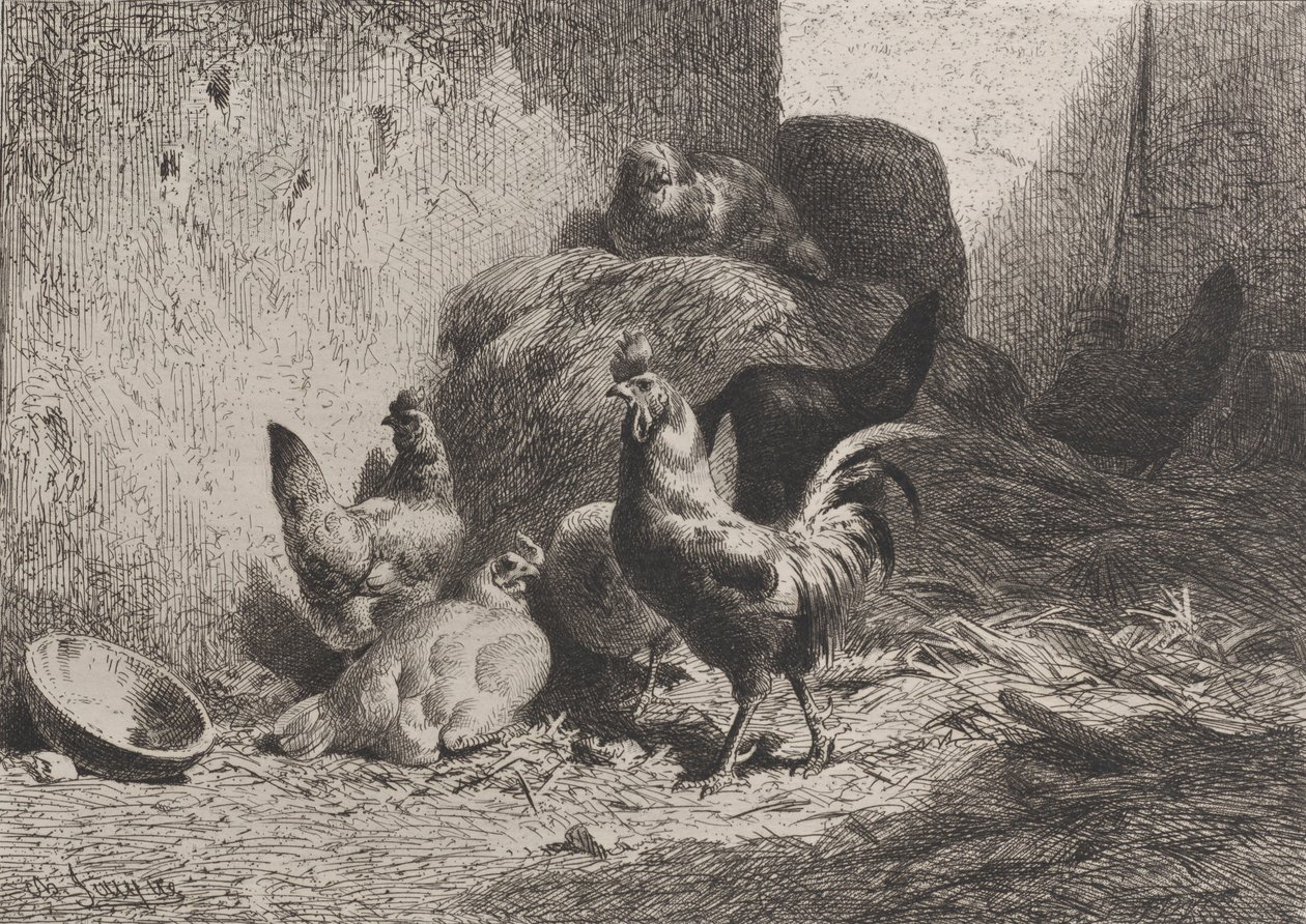 Hane og høner, 1864. av Charles Emile Jacque