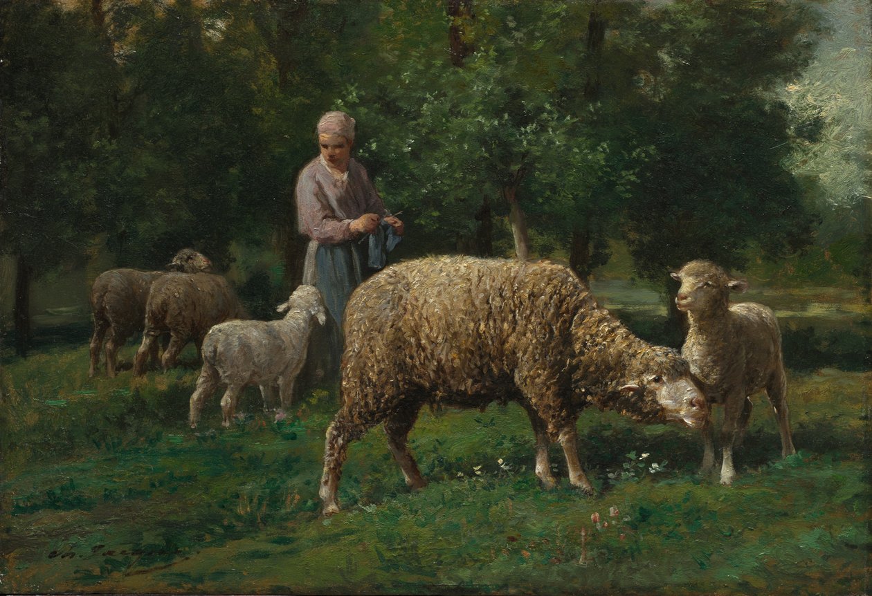 Gjeterinne med sauer, ca. 1876. av Charles Emile Jacque