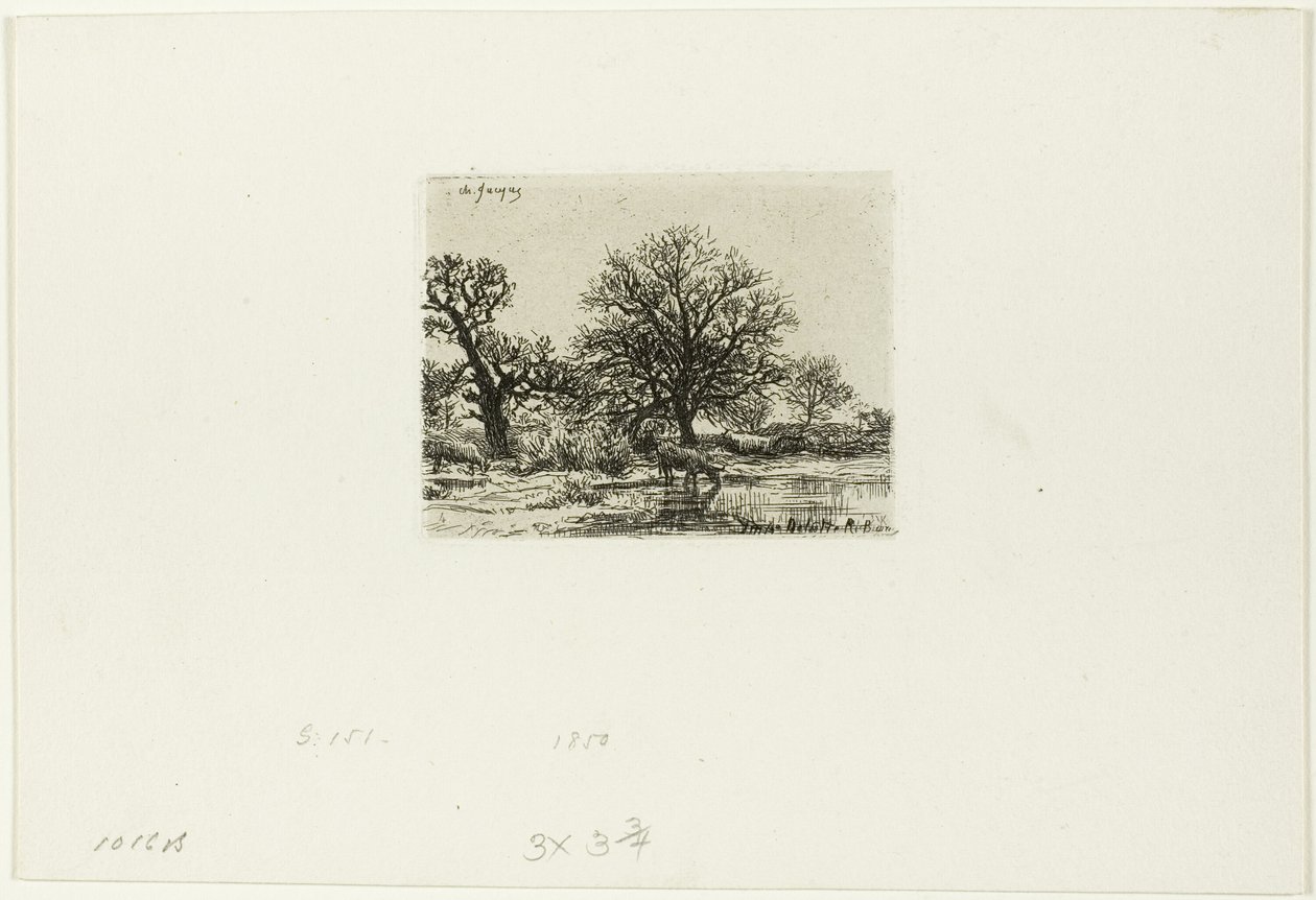 Trær og kyr nær en dam av Charles Emile Jacque