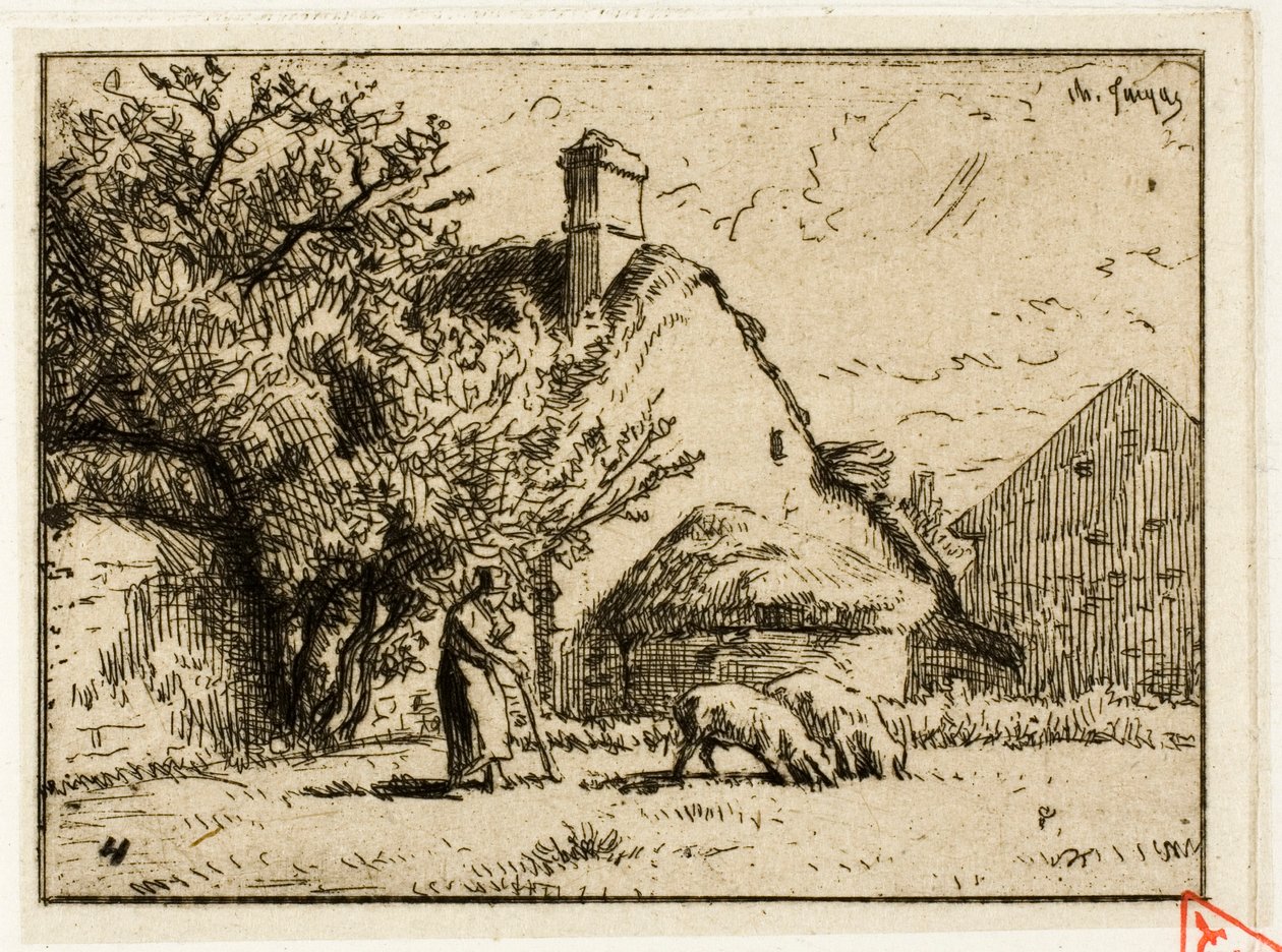 Kvinne som passer på to griser av Charles Emile Jacque