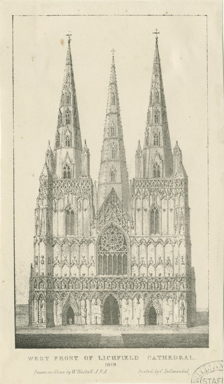 Lichfield Cathedral - Vestfronten: gravering av Charles Joseph Hullmandel
