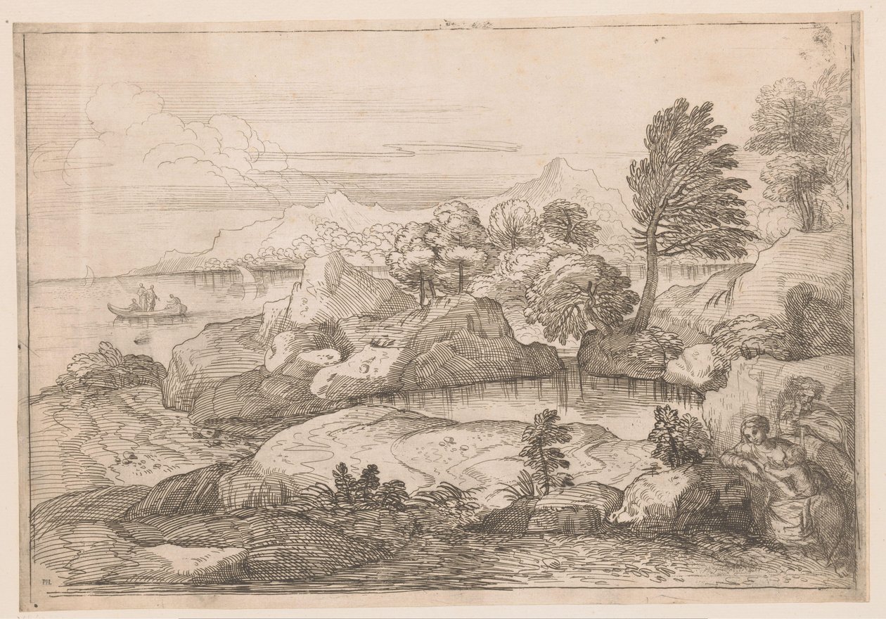 Landskap med hellig familie av Charles Macé (attributed to)