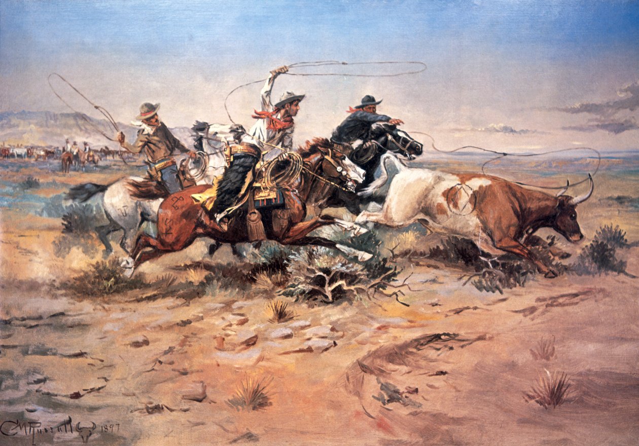Cowboyer som roper på en stut av Charles Marion Russell