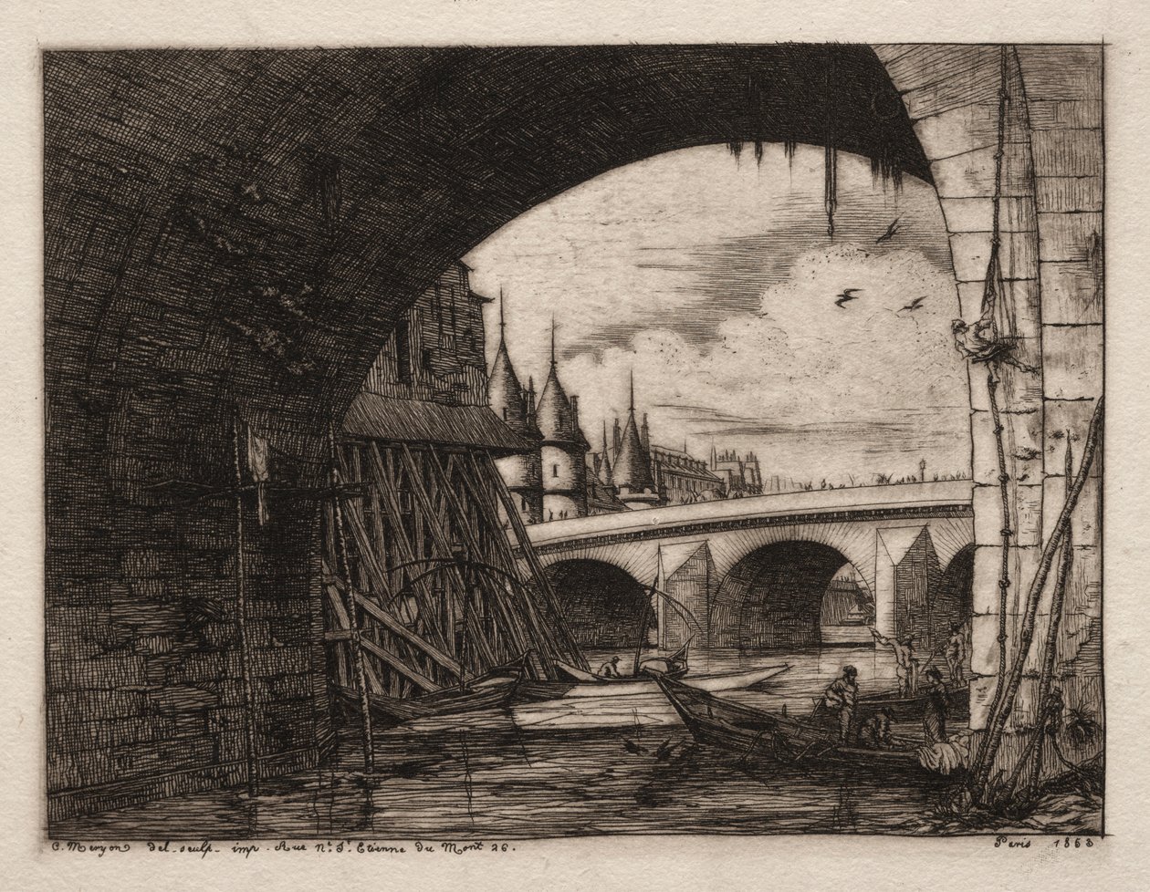 Buen til Pont Notre Dame, Paris, 1853. av Charles Meryon