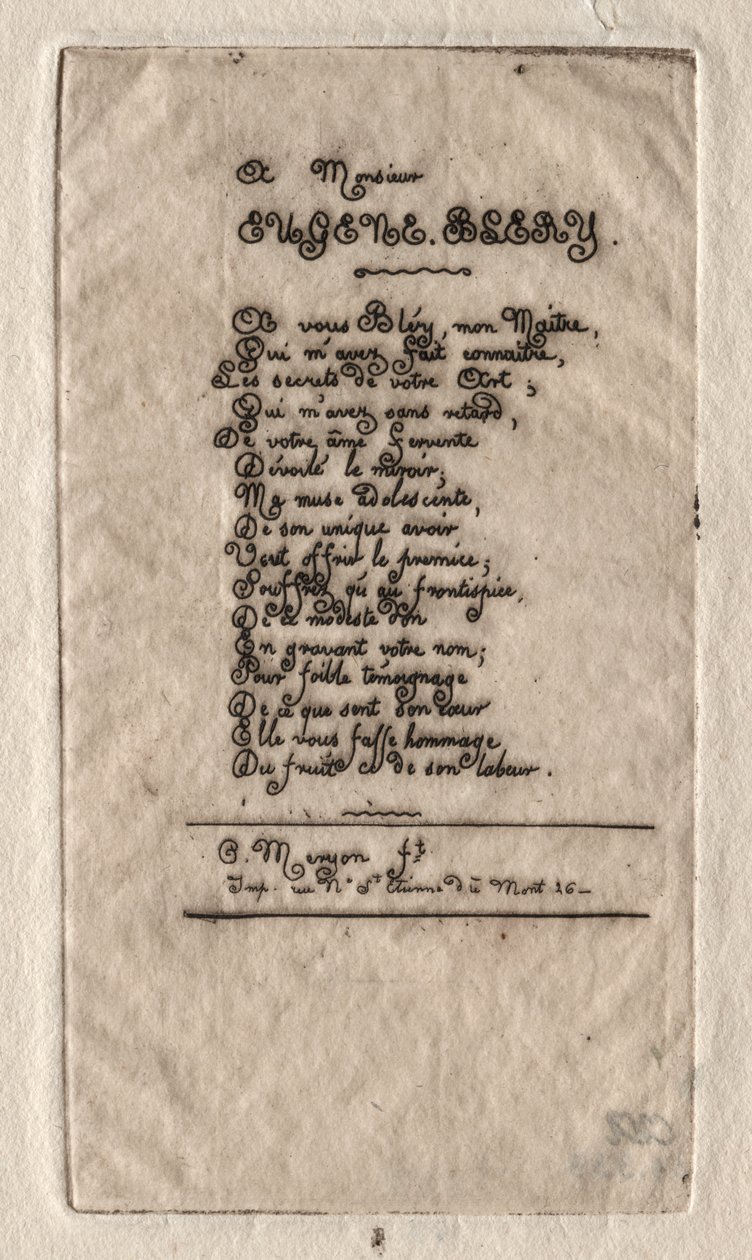 Vers til Eugene Bléry av Charles Meryon
