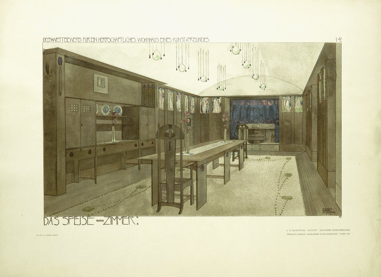 Spisestue, ca. 1901 (fargelitografi) av Charles Rennie (after) Mackintosh