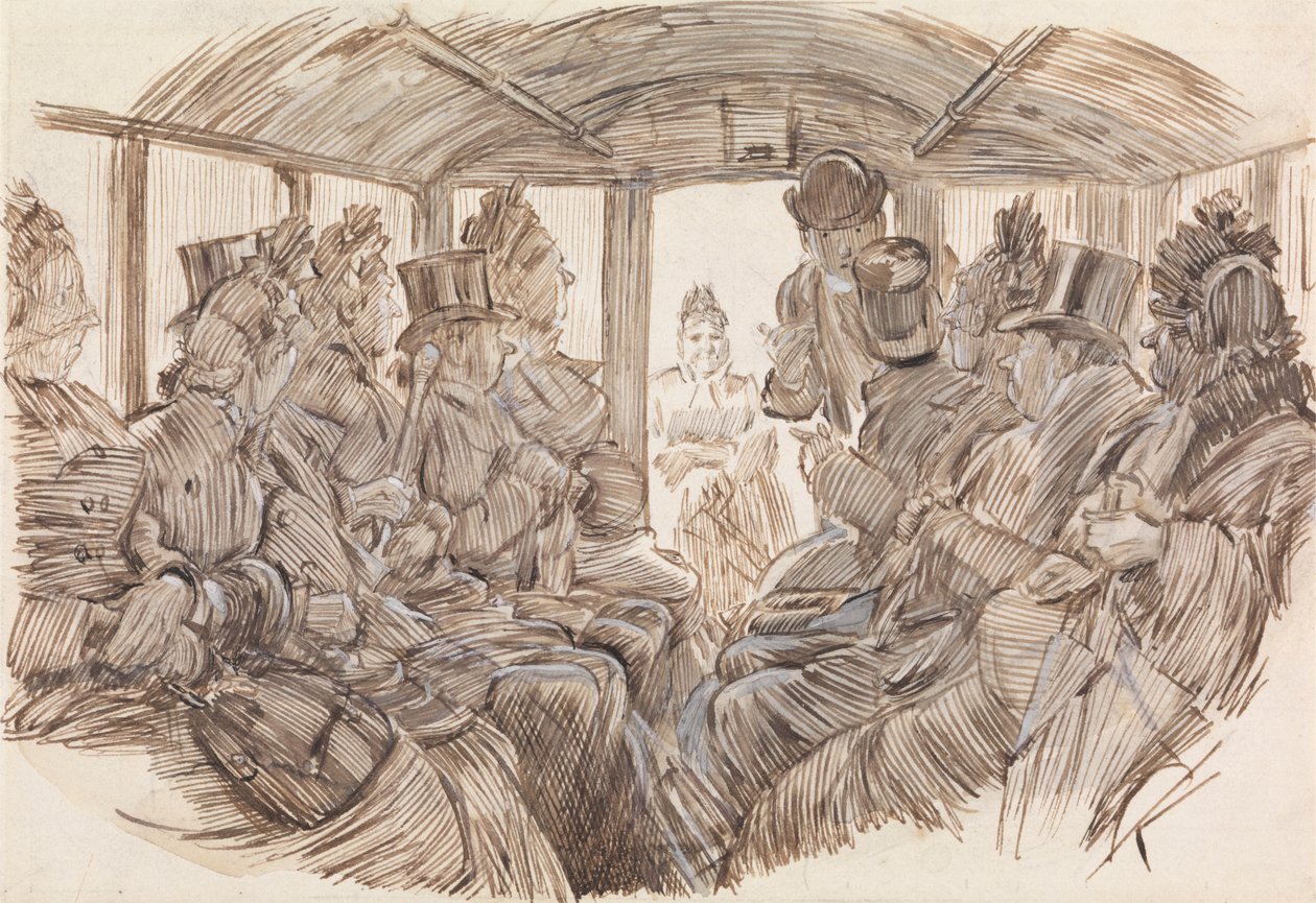 Interiøret i en buss av Charles Samuel Keene