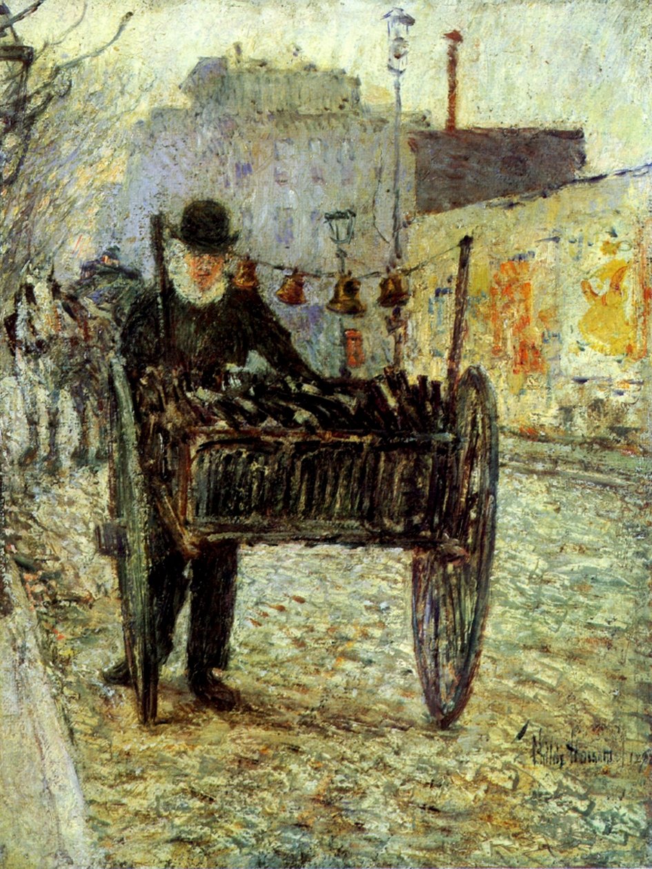 Gammel mann som bærer flasker av Childe Frederick Hassam