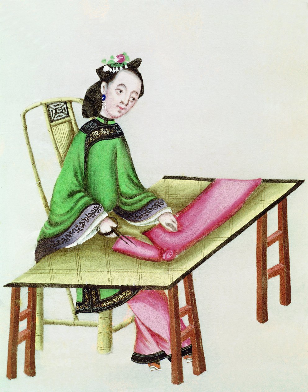 En kinesisk kvinne som skjærer tøy, Qianlong-perioden (1736–96) av Chinese School