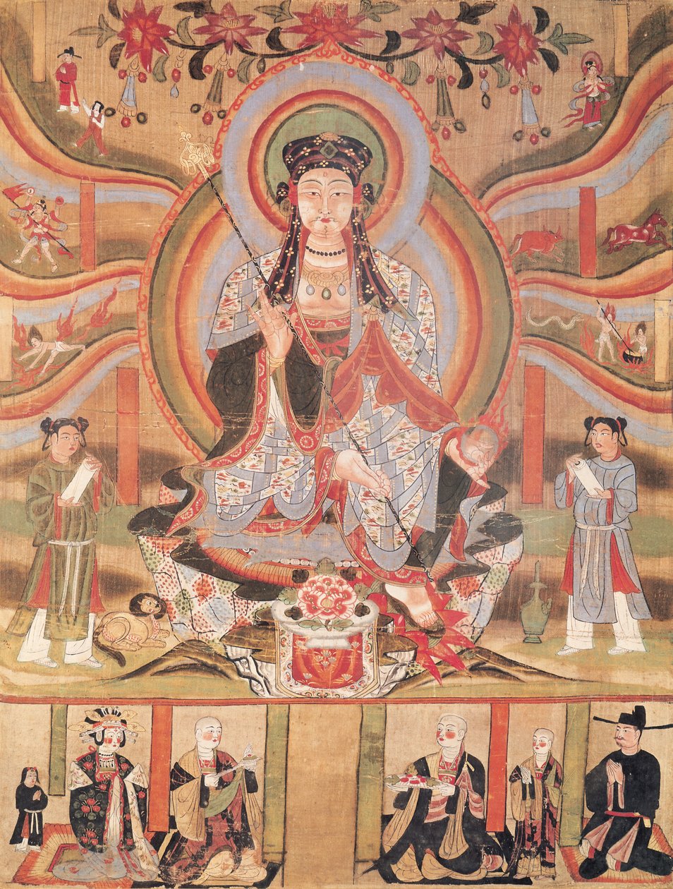 Buddhistisk banner som viser Dizang and the Six Roads to Rebirth, fra Dunhuang (maleri på silke) av Chinese School