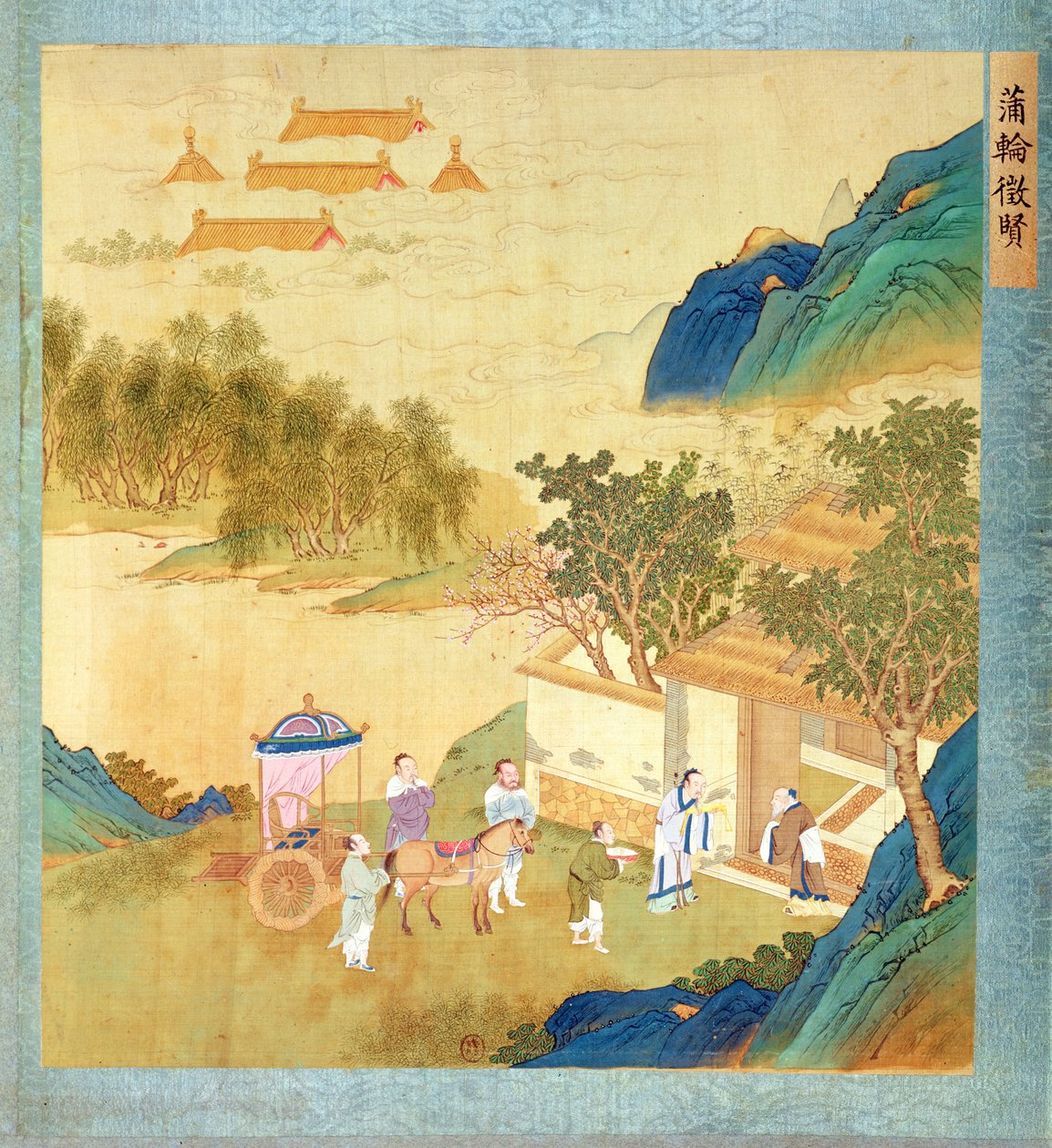 Keiser Wu Ti (156-87 f.Kr., r. 141-87 f.Kr.) ønsker velkommen til en bokstavelig mann, fra en historie med kinesiske keisere (farge på silke) av Chinese School